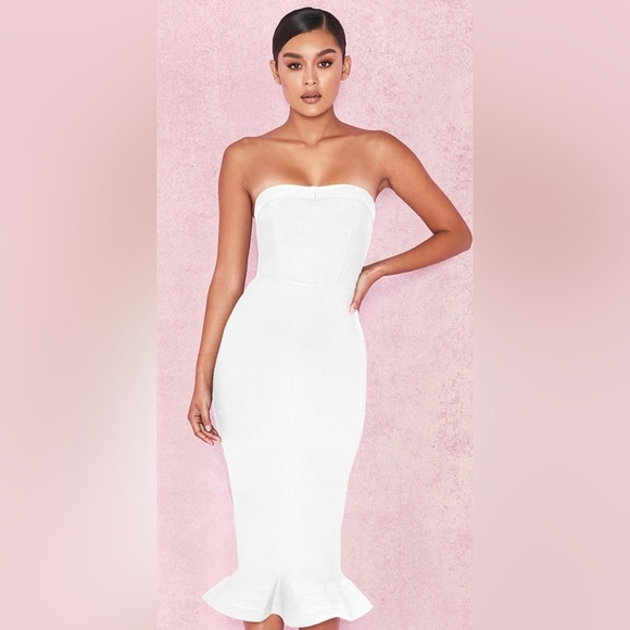 House of CB | FABRIZA White Bandage Strapless Fluted-Hem Dress - Picture 1 of 5